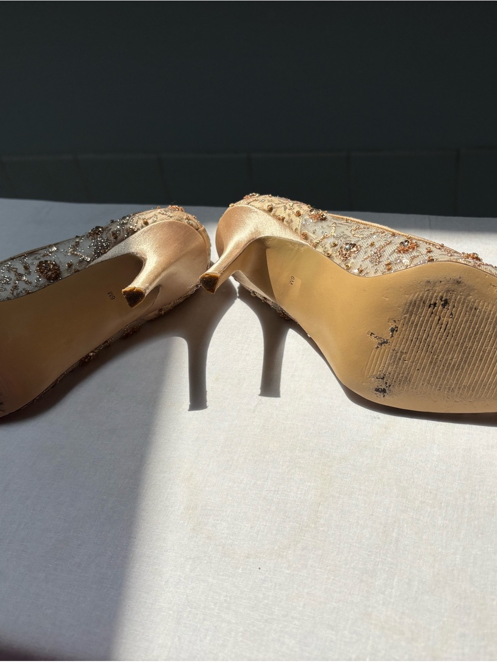 Lord & Taylor Gold Beaded Lace Pointed-Toe Pumps - Picture 4 of 4